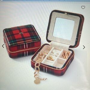 Mark & Graham small travel jewelry case, red plaid, gold trim, NWOT